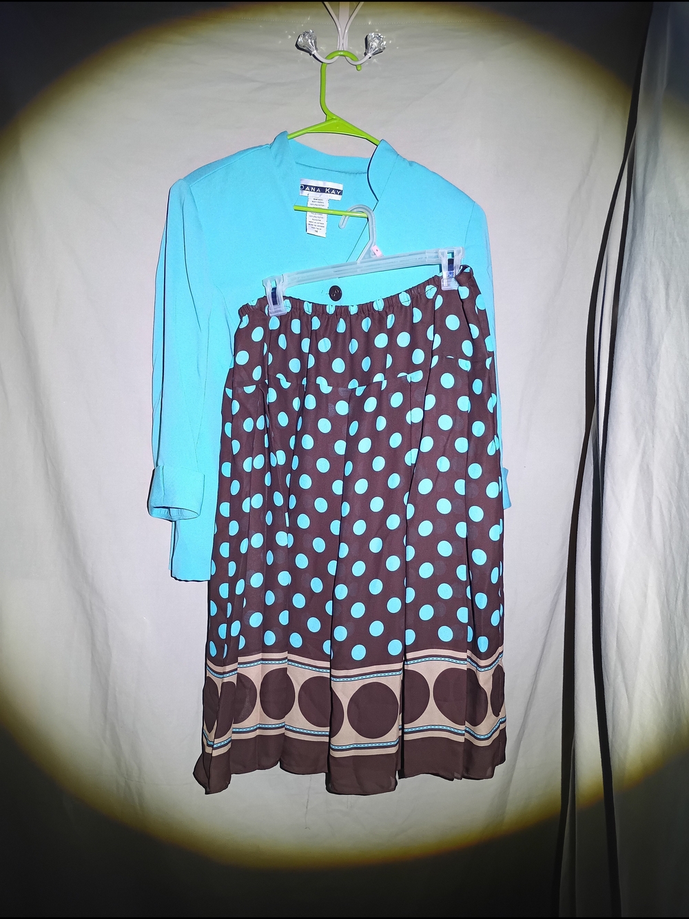 Dana Kay Turquoise Jacket and Brown Polka Dot Skirt 2-Piece Dress Set Size 14